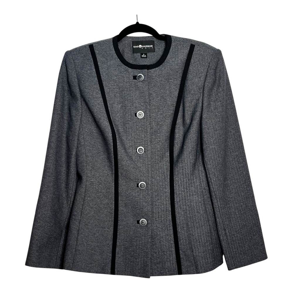 Sag Harbor Suit Womens Grey Herringbone Blazer Button Front Contrast Trim Size 8
